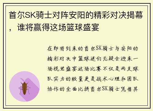 首尔SK骑士对阵安阳的精彩对决揭幕，谁将赢得这场篮球盛宴